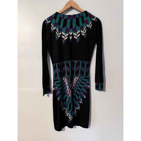 TORY BURCH 100% silk black green geometric aztec stretch fit flare dress - Picture 5 of 9